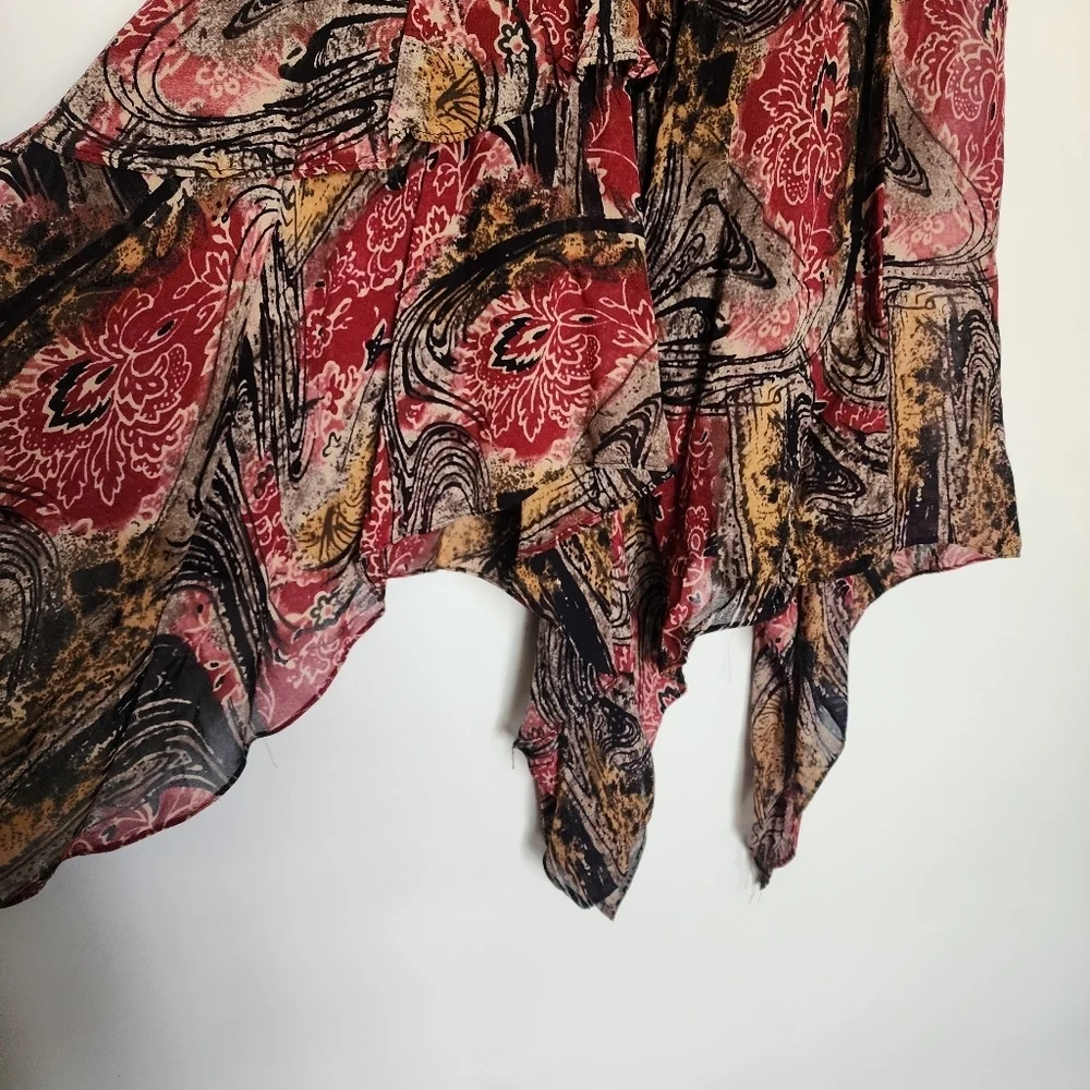 Nostalgia Vintage Asymmetrical Sharkbite Hem Midi Skirt Red Black Abstract S